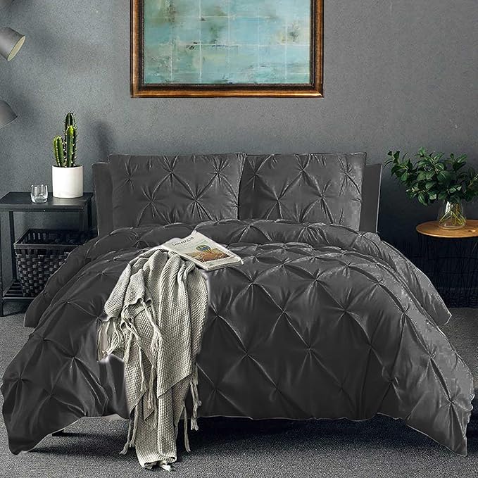 Pinch Pleated Duvet Cover Set 100% Cotton 3PC Full Size 80x90 Duvet Cover Set, Decorative Pinch Design Dark Grey Duvet Cover with Matching Pillow Case