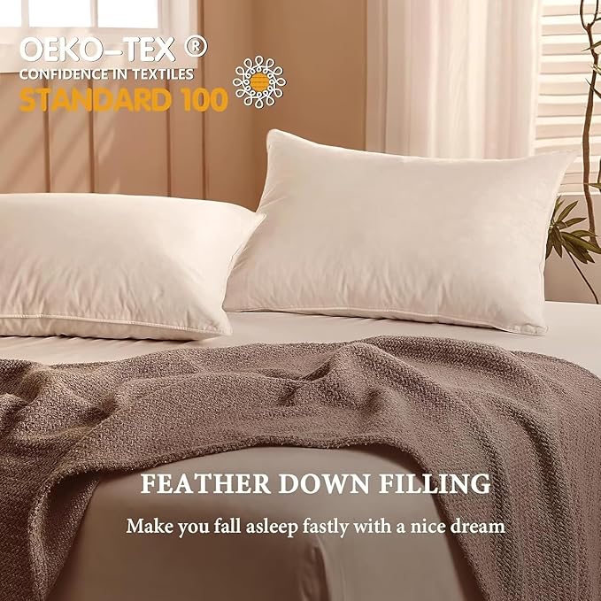 BHZ Goose Down Feather Pillows Queen Size - Hotel Collection Bed Pillows for Sleeping Soft Pillow for Side and Back Sleepers with 100% Cotton Fabric