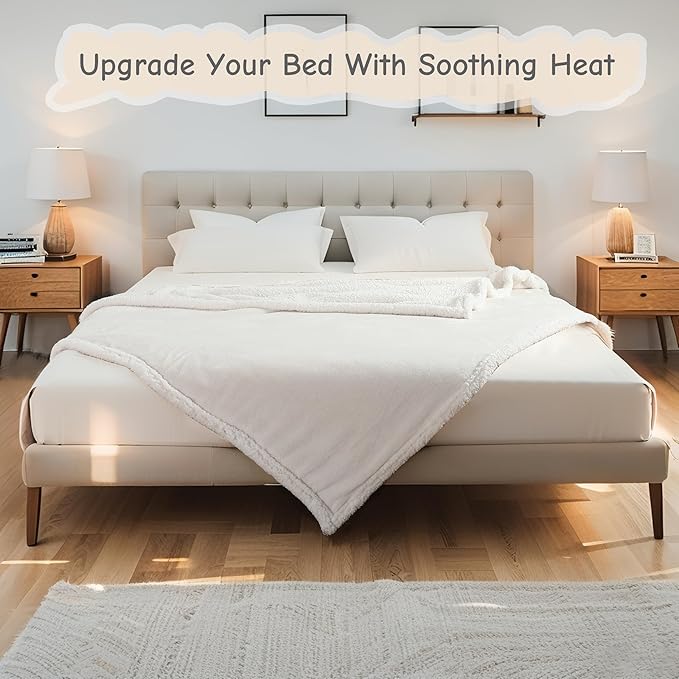 Electric Heated Blanket Throw Size 50"x60", Soft Flannel with Overheat Protection, 6 Adjustable Heat Settings & 3-Hour Auto-Off Timer, Fast Heating for Winter Comfort, White