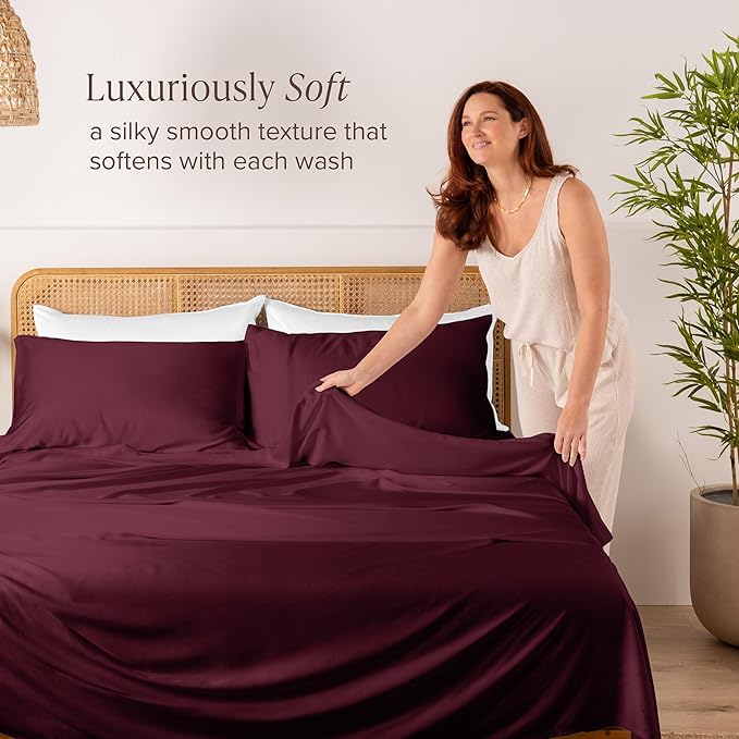 Bare Home 100% Rayon Made from Bamboo King Sheet Set - 4 Piece Bedding Set - Deep Pockets - Breathable - Easy Fit - Bedding Sheets & Pillowcases (King, Burgundy)
