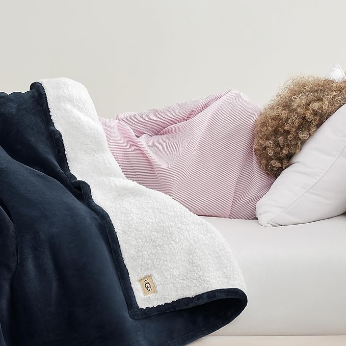 UGG Ariana King/California King Blanket Fleece Fluffy Reversible Soft Fuzzy Bedding Cozy Plush Warm Oversized Blanket Machine Washable Bedroom Decor for Big Couch or Bed, 110-inch x 90-inch, Navy Blue