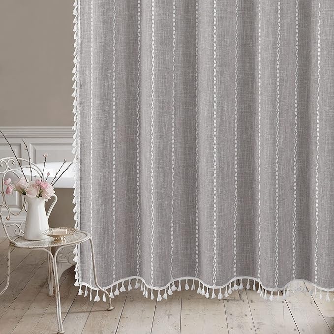 MitoVilla Boho Extra Long Shower Curtain 72 x 96, Grey Modern Farmhouse 96 inch XL Polyester Linen Texture Tassel Fabric Shower Curtain Set with Hooks for Cottagecore Country Bathroom Decor,Grey
