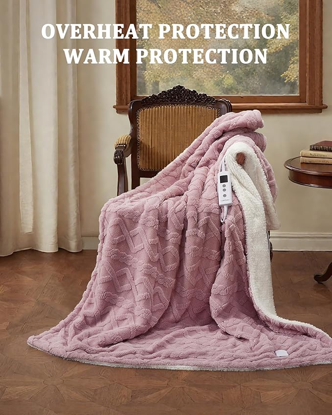 CAROMIO Heated Throw Blanket - Thick Tufted Sherpa Electric Blanket Throw with 10 Heating Levels and 10 Time Settings, ETL Certified Machine Washable Fast Heating Blanket Throw 50"×60", Dusty Pink