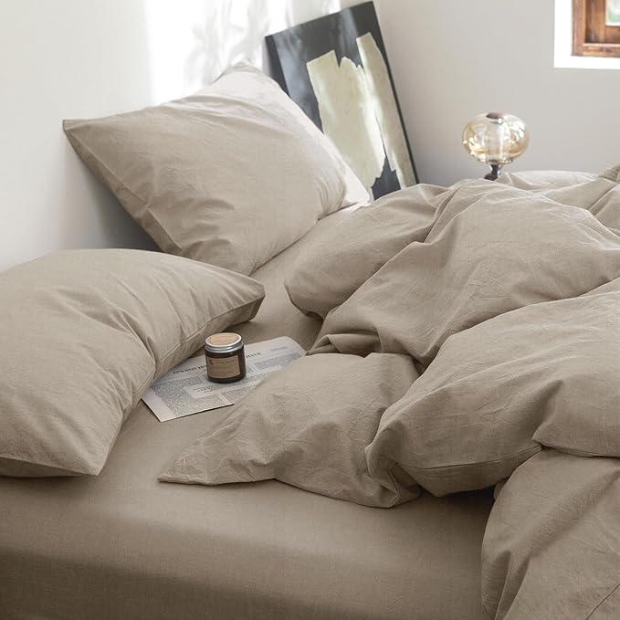 FOSSA Duvet Cover Set 100% Washed Cotton Linen Feel Super Soft Breathable Cozy 3 Pieces Bedding Sets Solid Tannish Linen Grey Super King Plus