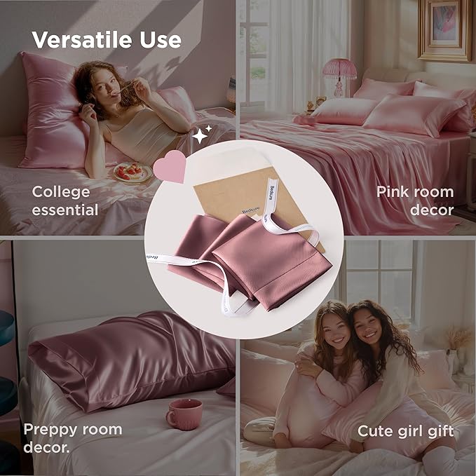Bedsure Satin Pillowcase for Hair and Skin Queen - Silky Pillowcase 2 Pack with Envelope Closure, Similar to Silk Pillow Cases, Gifts for Women Men, Nostalgia Rose, 20x30 Inches, 2pcs