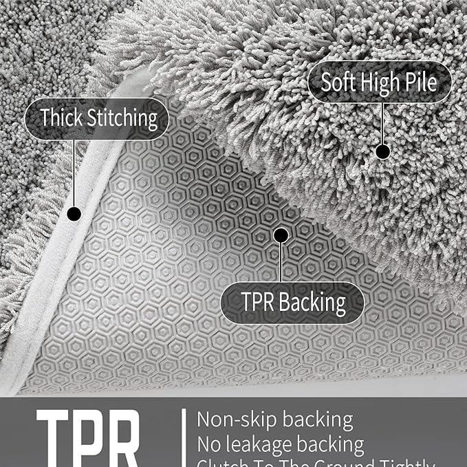 Yimobra Bathroom Rugs Non Slip Washable, Ultra Soft and Water Absorbent Bath Mats, Plush Fluffy Shower Mat Outside, Microfiber Thick Matts for Bathroom Floor/Sink, 24x17, Pure Gray