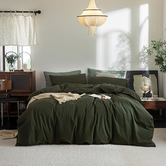 FOSSA Duvet Cover Set 100% Washed Cotton Linen Feel Super Soft Breathable Cozy 3 Pieces Bedding Sets Solid Olive Green Queen
