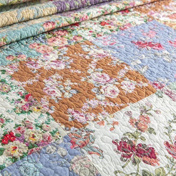 YAYIDAY Quilt King Size Patchwork Bedspread Set - 100% Cotton Reversible Breathable Floral Quilted Quilt with Pillow Shams Fit All Season