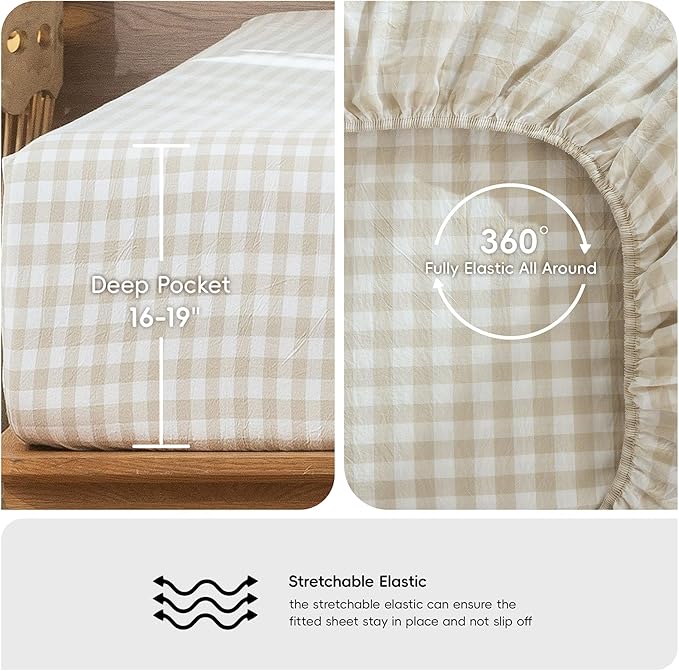 MooMee Gingham Sheet Set 100% Washed Cotton Linen Like Textured Breathable Soft w/Fully Elasticized 16-19" Deep Pocket (Classic Gingham Almond Milk Grey, King)