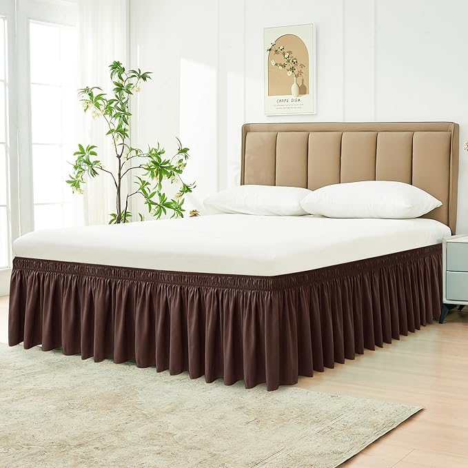 Biscaynebay Wrap Around Bed Skirts for Full & Full XL Beds 15" Drop, Brown Adjustable Elastic Dust Ruffles Easy Fit Wrinkle & Fade Resistant Silky Luxurious Fabric Machine Washable