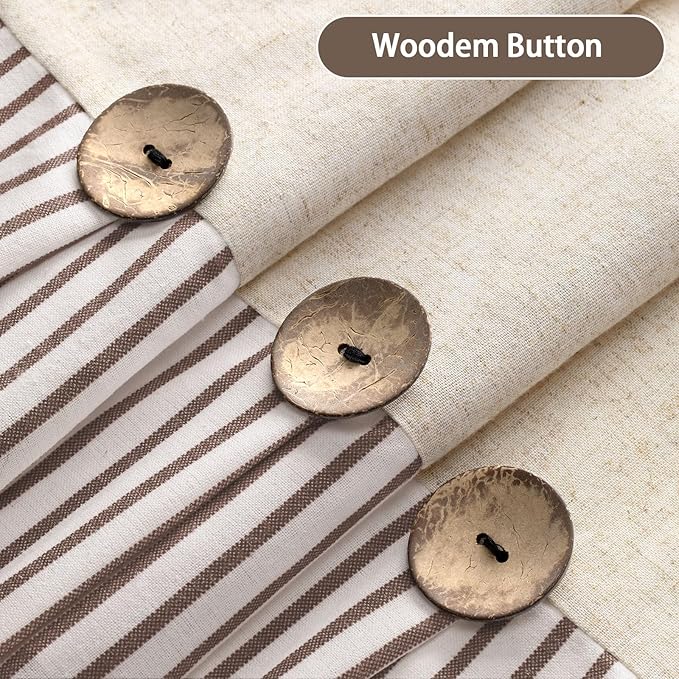 Farmhouse Shower Curtain Linen Beige Button Woven Fabric Country Rustic Western, Pleated Brown Stripe 72" W x 72" L
