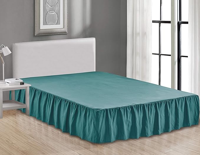 Sheets & Beyond Wrap Around Solid Microfiber Luxury Hotel Quality Fabric Bedroom Gathered Ruffled Bedding Bed Skirt 14 Inch Drop (King, Teal)