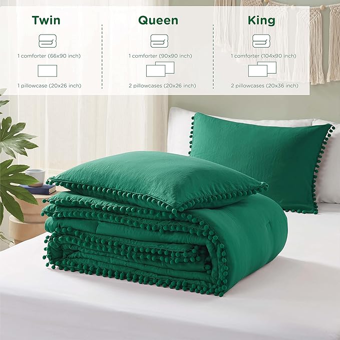 Codi Emerald Green Boho Twin Comforter Set, Aesthetic Luxurious Pom Fringe Design Bedding,Cute Soft Washed Microfiber Bed Sets, Lightweight Chic,1 Comforter & 1 Pillowcase