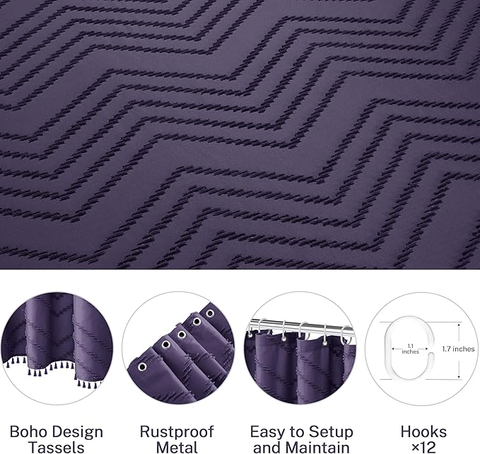 Boho Dark Purple Shower Curtain, 72 x 72 Woven Fabric Tufted Chevron Textured Striped Modern Farmhouse Minimalist for Bathroom