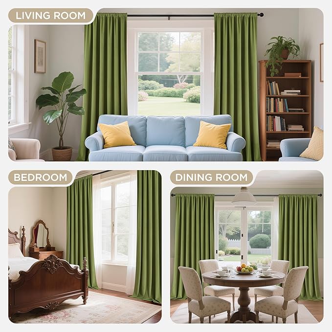 Joydeco Moss Green 100% Blackout Curtains 84 Inch 2 Panels, Luxury Thermal Green Velvet Curtains for Bedroom Living Room, Soundproof Blackout Window Drapes, Rod Pocket & Back Tab (52W x 84L)