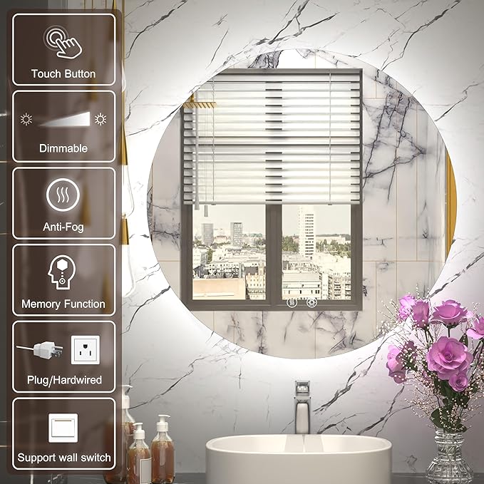 LED Bathroom Mirror 24 Inch, 3 Color Temperatures (3000K/4500K/6000K), Dimmable Backlight, Anti-Fog, 5MM HD Glass, CRI 90+, Round Vanity Mirror with Light