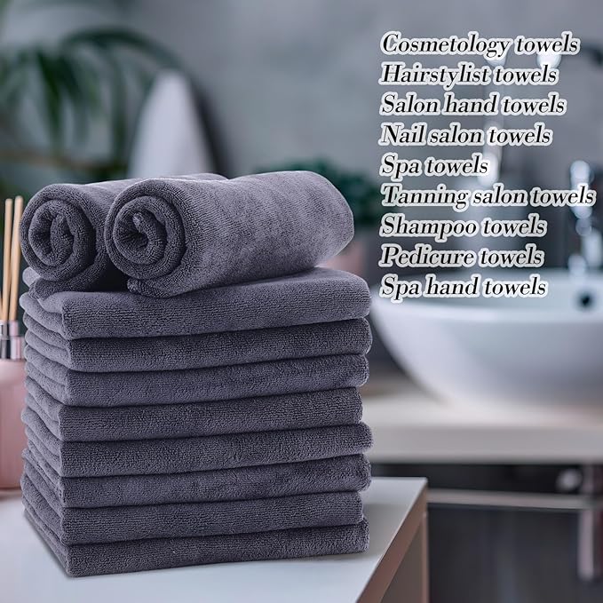 Shimeyao Bleach Proof Towels Microfiber Absorbent Resistant Hair Hand Towels Bulk Quick Dry for Barber Gym Bath Spa Shaving(50 Pack,Grey,Classic)