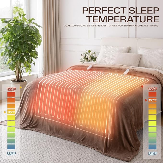 Electric Blanket King Size, Ultra Soft Flannel Heated Blanket for Full Body, Dual Control Heating Blankets with 10 Hours Automatic Shut Off, 8 Heating Levels, Washable, Double Zone, 100" x 90" Brown