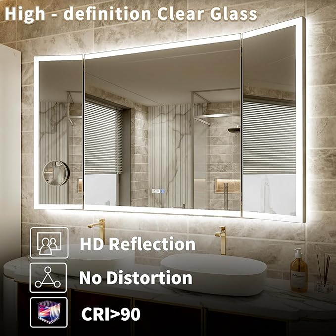 60x36 Trifold Bathroom Mirror with Lights with Removable Magnifier, 180° Foldable LED Mirror for Bathroom, Front&Backlit, Wall Mounted, Stepless Dimming, Color Temper Change, Anti Fog
