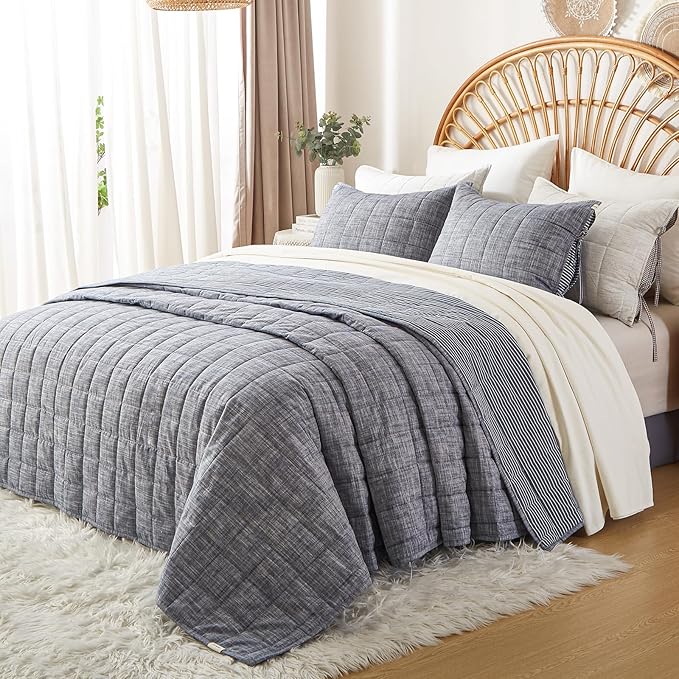 Navy Blue Quilt King Size Bed Spreads - 3-Piece Set with Blue Stripe Coverlet, Light Weight Quilt & 2 Pillow Shams