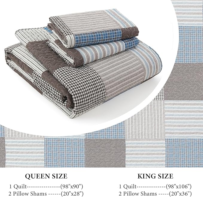 Uniclinens Plaid Quilt Set King Size, 100% Cotton Patchwork Quilt Bedding Set Bedspreads, Farmhouse Lightweight Comforter Quilted Quilt, 3 Pieces Set with 2 Pillowshams, Blue/Brown/White