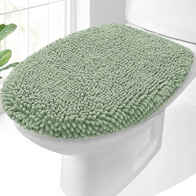 OLANLY Soft Chenille Bathroom Toilet Lid Cover, Machine Washable Seat Covers, 17.5x15, Stays in Place Rubber Backing, Fits Most Round, Elongated and Oblong Lids, Accessories Decor, Sage Green