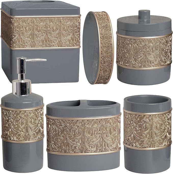 Decozen Bathroom Accessories Set 6Pcs – Soap Dispenser, Toothbrush Holder, Tumbler, Soap Dish & Cotton Swab Jar – Modern Bathroom Decor, Bath Set for Christmas Decor