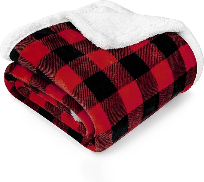 PAVILIA Black and Red Buffalo Plaid Sherpa Throw Blanket for Couch Twin, Soft Fuzzy Flannel Blanket for Bed, Plush Checkered Fleece Blanket and Throws, Warm Thick Winter Blanket Gift, 60x80