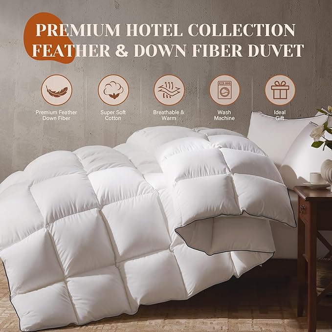 Goose Feather Down Fiber Cotton Comforter Queen Size, Ultra-Soft Duvet Insert, Hotel Collection White Quilted Comforter, All Season Bedding Comforter with 8 Corner Loops, 90x90 Inch