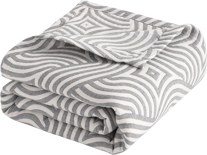NTBAY 3 Layers Cotton Muslin 88x92 Queen Bed Blanket, Super Soft Breathable Thermal Yarn Dyed Quilt for Adults, Perfect Lightweight Blanket for Couch Sofa Bed All Seasons, Grey Geometric Ripples