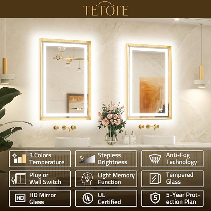 TETOTE 24 x 30 Bathroom Mirror Brushed Gold Metal Frame Frontlit & Backlit Vanity Mirror 3 Colors White/Warm/Natural Stepless Dimmable Anti-Fog Bathroom Mirrors for Vanity Wall-Mounted