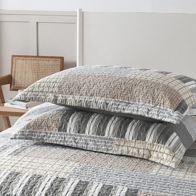Uniclinens Quilt Set Queen Size, 100% Cotton Quilted Quilts Bedding Set Bedspreads, Farmhouse Patchwork Plaid Quilted Comforter Set, 3 Pieces Set with 2 Pillowshams, Cream/Grey/Brown