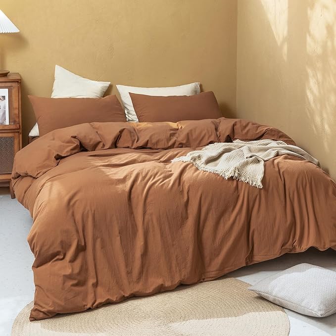 FOSSA Duvet Cover Set 100% Washed Cotton Linen Feel Super Soft Breathable Cozy Simple Style 3 Pieces Bedding Sets Solid Dark Orange Super Queen