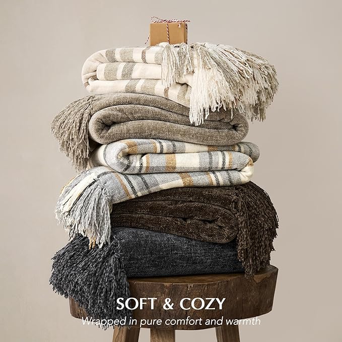 EVERGRACE Soft Chenille Throw Blanket for Couch, Cozy Plush Fuzzy Decorative Chenille Knit Throw Blanket with Tassels, Lightweight Blanket and Throws for Bed Sofa Gift Home Decor, Iron Black 50"x60"