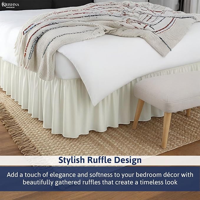 KRISHNA Ruffled Bed Skirt with Split Corners Twin, 100% Microfiber Hotel Quality, 10 Inch Drop Dust Ruffle Gathered Bedskirt with Platform, 39" x 75", Ivory