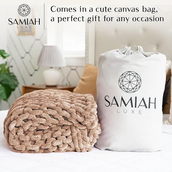 SAMIAH LUXE Chunky Knit Blanket Throw 50x70", Brown Chenille Chunky Knit Throw Blanket for Living Room Decor or Boho Decor, Thick Yarn Knitted Blankets for Couch or Bed, Cable Knitted Crochet Blankets
