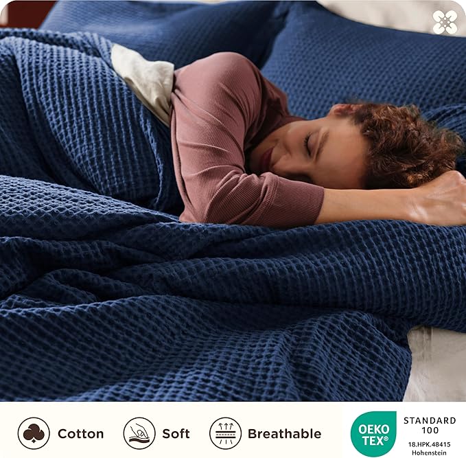 Bedsure Cotton Duvet Cover King - 100% Cotton Waffle Weave Navy Blue Duvet Cover King Size, GentleSoft™ and Breathable Bedding Set for All Season, 3 Pieces, 104"x90"
