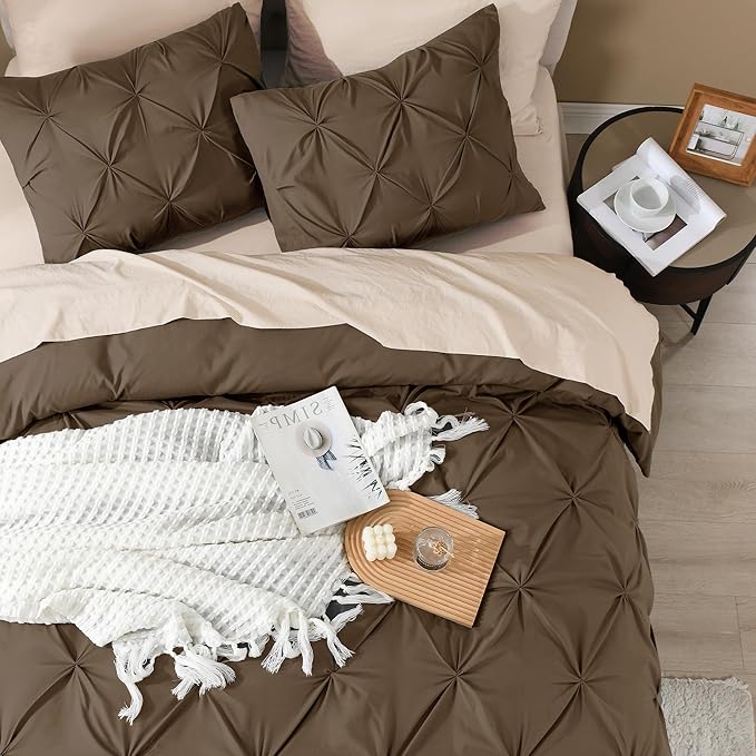 Litanika Brown Queen Pinch Pleat Duvet Cover, 3 Pieces Pintuck Cover Soft Microfiber Bedding Set with Zipper Closure & Corner Ties(90x90Inch-1 Duvet Cover, 2 Pillowcases)