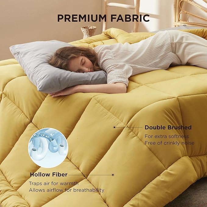 Bedsure Comforter Duvet Insert - Quilted Comforters Queen Size, All Season Duvet, GentleSoft Down Alternative Bedding, with 8 Tabs, Gifts for Women/Men, Mustard Yellow, Queen 88 x 88 Inches