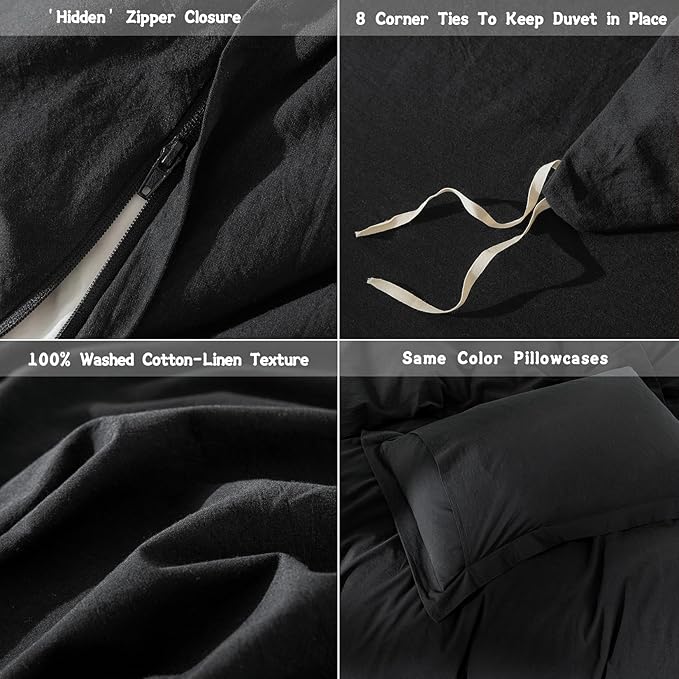 Black Duvet Cover King Size 100% Washed Cotton Bedding Set Cover 1 Duvet Cover with Zipper Closure and 2 Pillowcases, 104inch x 90inch