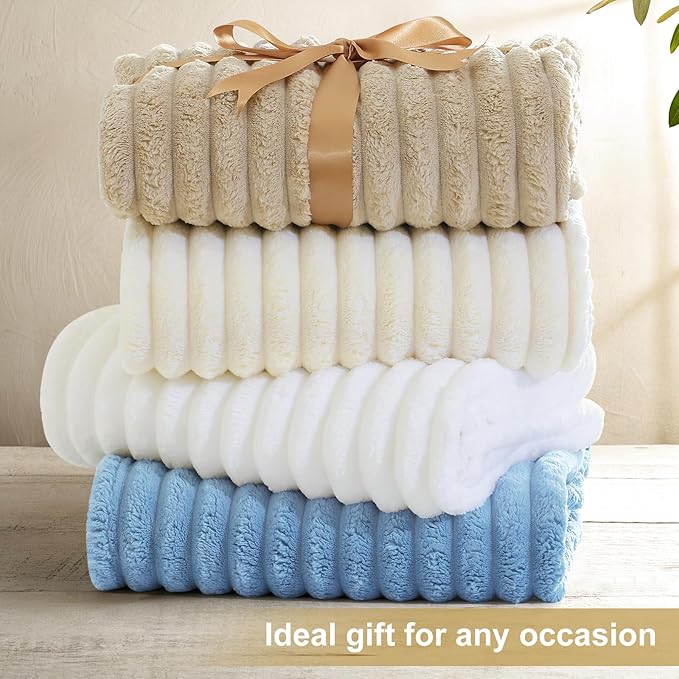decorUhome Christmas Soft Fleece Blue Grey Blanket Queen Size for Bed, Cozy Fluffy Plush Flannel Large Striped Throws for Couch Sofa, Lightweight Decorative Fuzzy Blanket for Woman, 90x90 Inches