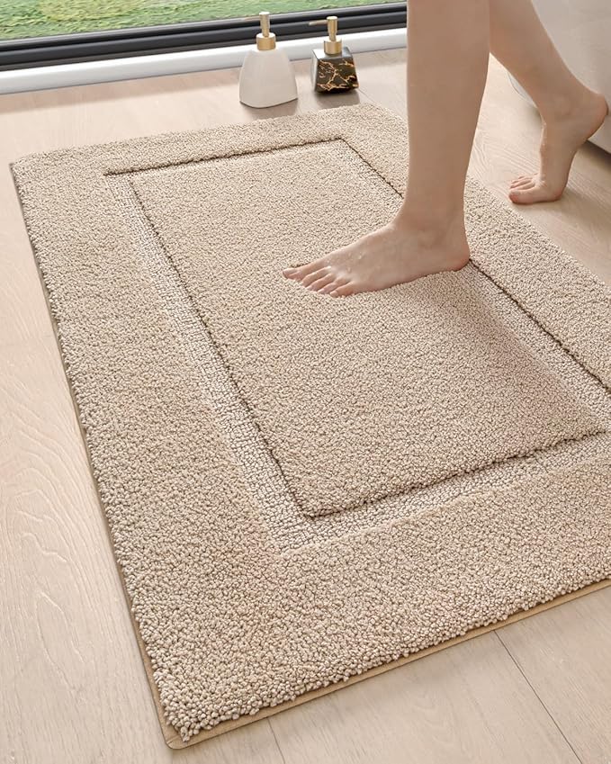DEXI Bathroom Rugs 43x24, Washable Non Slip Bath Mat for Shower Floor, Absorbent Quick Dry Bathmat with Rubber Backing, Ultra Soft Plush Carpet for Tub, Beige