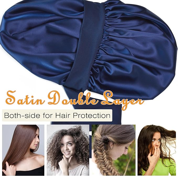 Silk Bonnet for Sleeping Women Satin Bonnet Double Layer Night Sleep Cap with Elastic Tie Band for Curly Natural Hair