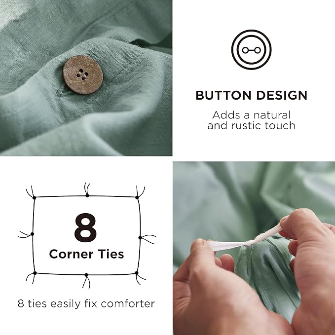 Bedsure Linen Duvet Cover Queen - Linen Cotton Blend Bedding Set, Soft & Cozy, 3 Pieces, 1 Duvet Cover 90x90 Inches and 2 Pillowcases, Sage Green Color Cooling Bedding, Comforter Sold Separately