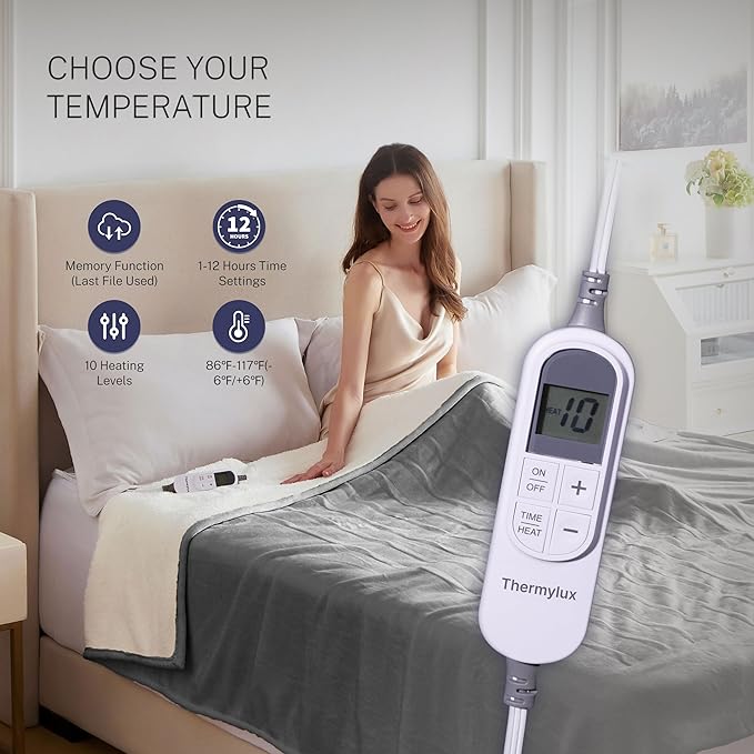 Electric Blanket Twin 62"x84" Heated Electric Blankets 10 Heating Levels 12 Time Settings 8 Hours Auto Off Fast Heating and Overheat Protection ETL Certified Machine Washable,Light Grey