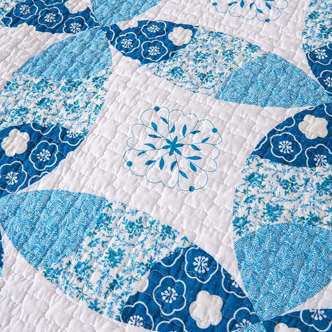 Cmfshape Blue Quilt Sets Bedspread Set 100% Cotton Patchwork Coin Pattern Bedding Set,All Season Use Lightweight Reversible Coverlet Quilts with 2 Pillow Shams(Queen 92"x96")