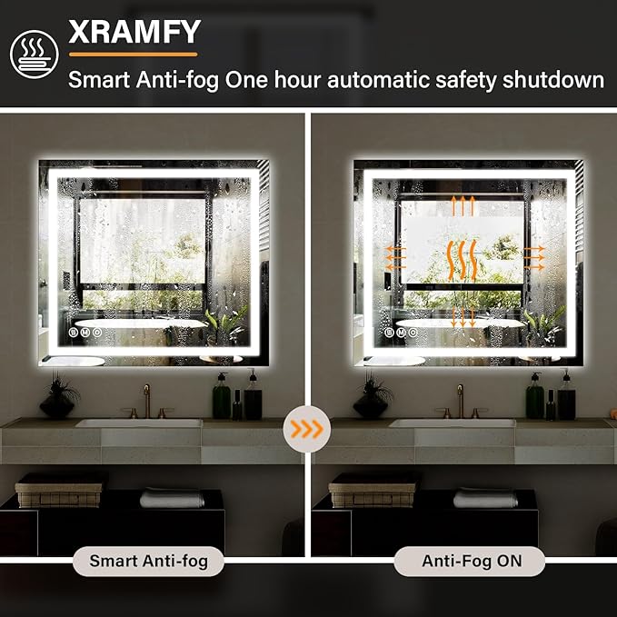 40"x 40" LED Bathroom Mirror, Backlit + Front Lit, LED Bathroom Mirror with Lights for Wall, 3 Colors, Anti-Fog, Dimmable Brightness, Memory Function, Tempered Glass