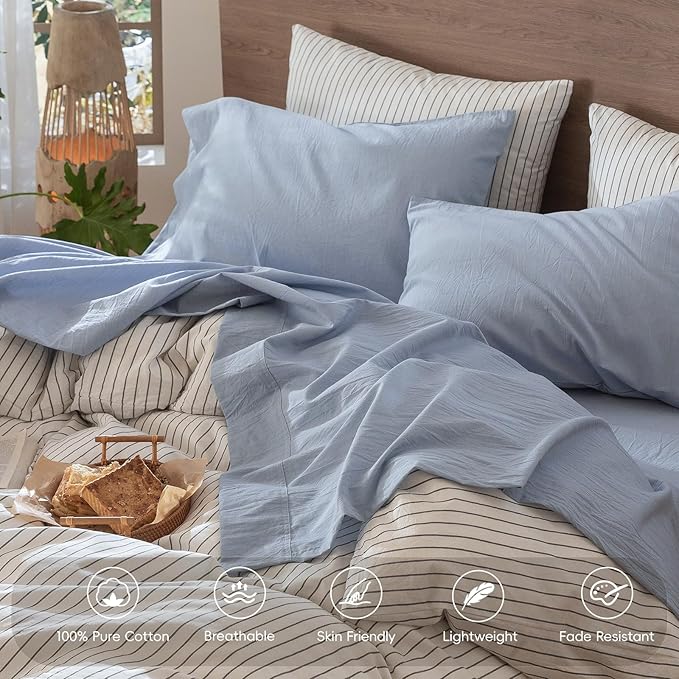 MooMee Bedding Sheet Set 100% Washed Cotton Linen Like Textured Breathable Durable Soft Comfy (Heathered Cornflower Blue, Full)