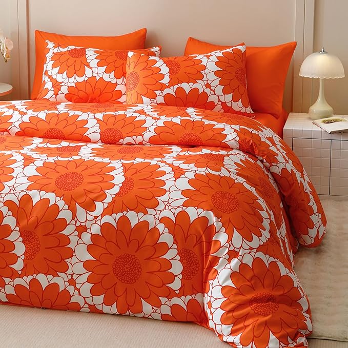 KAREVER Orange Sunflower Comforter Set King Size Orange Sunflower Bedding Set 3 PCs Comforter Set King Size Fluffy Linen Comforter Sets