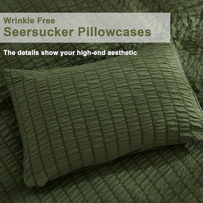 AveLom Dark Olive Green Seersucker Duvet Cover Set King (104 x 90 inches), 3 Pieces (1 Duvet Cover + 2 Pillowcases), Soft Washed Microfiber, Textured Duvet Cover with Zipper Closure, Corner Ties